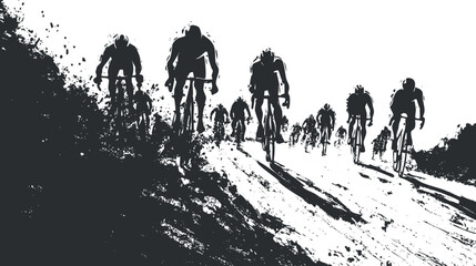 Silhouette of cyclists racing on a road during a competitive cycling event outdoors