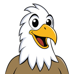 Cheerful eagle cartoon character with white head and brown body looks optimistic on white