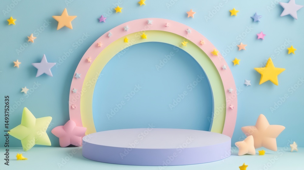 Poster pastel rainbow arch and stars background with empty product display podium.