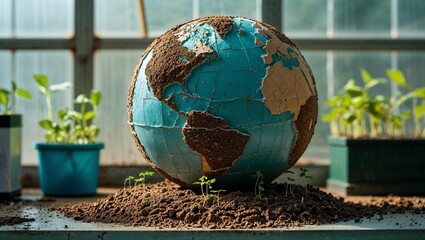 Earth Globe Made of Soil and Chocolate in Greenhouse