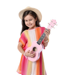 Cute girl playing toy guitar on white background