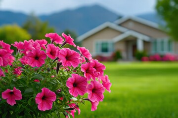 Pink petunias in front of a house with a mountain backdrop