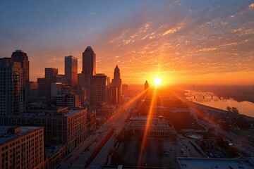 Radiant cityscape awash in sunrise glow