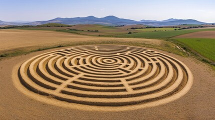 Aerial drone view of spiral crop circle in rural wheat farmland landscape