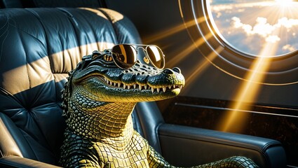 Alligator Flying in Jet with Sunglasses