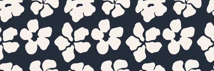 Minimalist seamless floral pattern with bold flower silhouettes on a dark background. Elegant botanical design for textiles, wallpapers, wrapping paper, and modern creative projects. Vector art