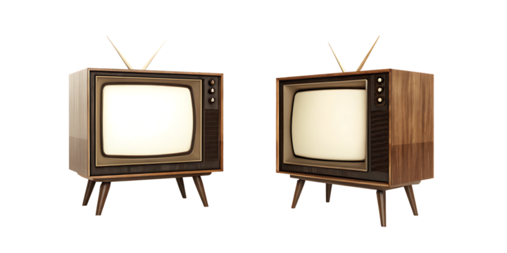 Two vintage TV sets with blank screens isolated on white  background PNG 