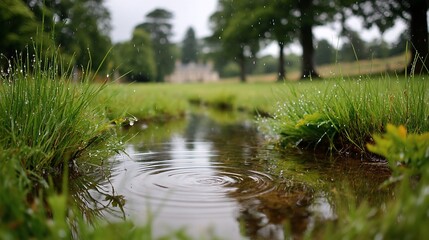 Raindrops ripple in tranquil meadow pool