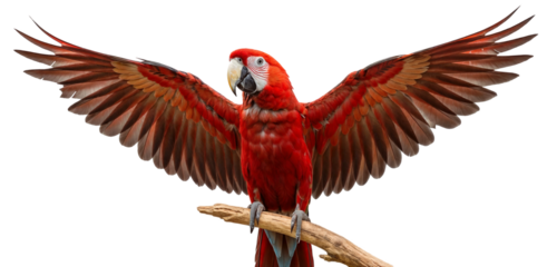 Red macaw spreading wings, bird photography, isolated on a transparent background