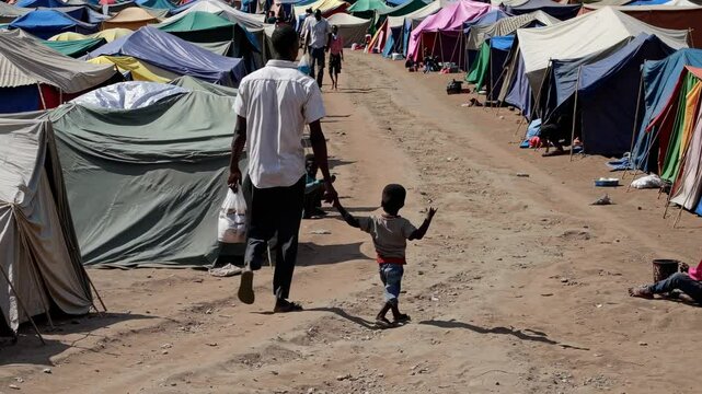 A man and child walk through a tent camp. Tents line the dirt path. The camp is bustling with activity. Tents provide shelter in the busy camp environment.