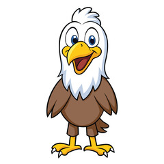 Cheerful cartoon eagle standing upright with a broad smile and bright, inviting eyes
