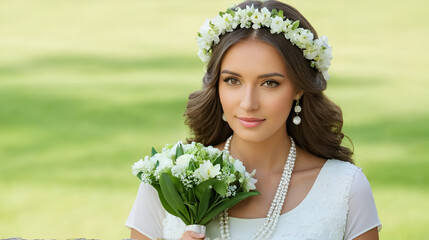 Woman with bunch and chaplet in dress