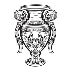 Detailed Black and White Decorative Vase Illustration, Decoration Vase drawing art vector