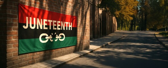 Juneteenth freedom banner displayed outdoors on brick wall in sunlit park setting. concept of african american heritage, freedom celebration, cultural significance, Banner, copy space