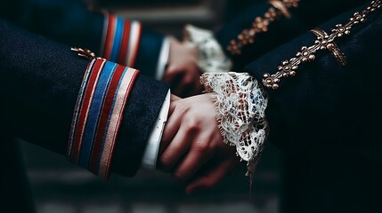 Hands clasped, ceremonial attire, indoors