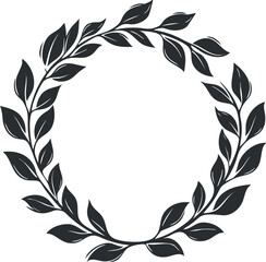 Black silhouette of a circular wreath made of leaves forming a natural botanical frame on white background