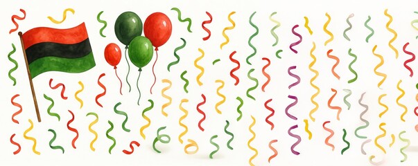 Festive juneteenth celebration scene with african american flag and balloons watercolor illustration. concept of freedom, cultural heritage, joyful holiday, african pride