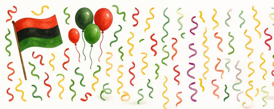 Festive juneteenth celebration scene with african american flag and balloons watercolor illustration. concept of freedom, cultural heritage, joyful holiday, african pride
