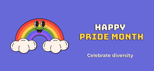 Happy Pride Month, a vector banner features a cute, groovy character rainbow mascot filled with the pride flag - bold, Y2K, vintage style, designed for web, social media, or ads.