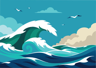 open ocean with crashing waves and seagulls