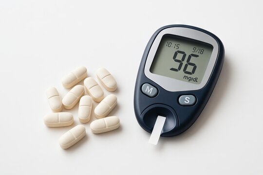Metformin pills and glucose meter displaying blood sugar level for diabetes management. health awareness, medication, medical device, disease control, blood sugar monitoring, white background