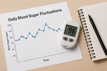 Diabetes monitoring setup with blood sugar fluctuation chart and glucose meter on desk. concept of health management, diabetes awareness, medical device usage, patient care
