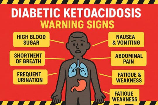 Diabetic ketoacidosis warning signs infographic highlighting key symptoms and health risks for awareness and prevention in medical education