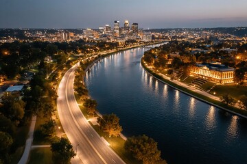 Obraz premium River reflects Des Moines glowing cityscape