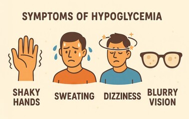 Illustrated icons of hypoglycemia symptoms featuring shaky hands, sweating, dizziness, and blurry vision. concept of health awareness, medical symptoms, educational aid