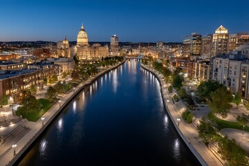 River Runs Through Lit Cityscape