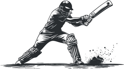 Black and white illustration of a cricket batsman in full gear striking the ball on the pitch during a game
