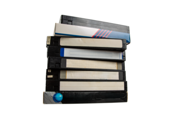 Stack of old VHS tapes with blank labels, isolated on transparent background.