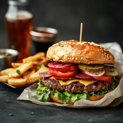 Juicy cheeseburger with fries restaurant food photography indoor close-up
