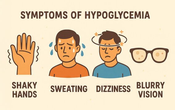 Illustrated icons of hypoglycemia symptoms featuring shaky hands, sweating, dizziness, and blurry vision. concept of health awareness, medical symptoms, educational aid