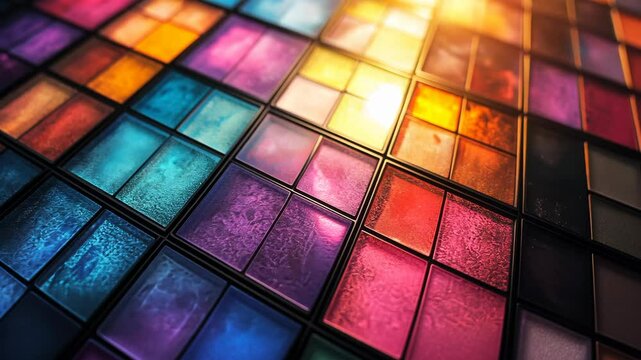 Vibrant eyeshadow palette with diverse color shades, showcasing a spectrum of textures and hues in individual compartments