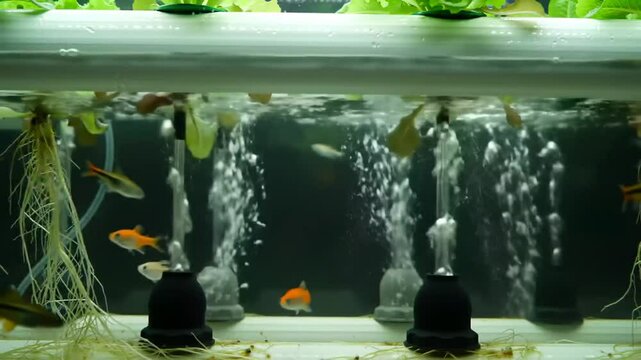 Dynamic Aquaponics Displaying Fishes And Plant Roots In Submersible Cultivation