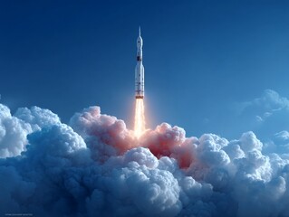Rocket ascends amidst clouds flames ignite sky