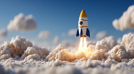 Rocket ship soars above cotton clouds