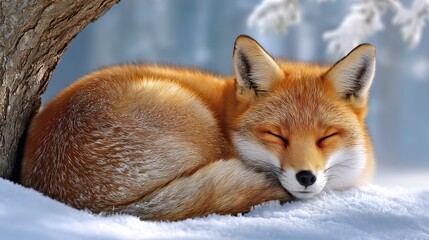 Fototapeta premium Sleeping Fox Curled Into a Ball Under a Snow-Covered Tree in a Winter Forest