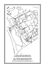 Hand drawn printable downtown road map poster of borough LANGENDREER-ALTER BAHNHOF of the German city of BOCHUM on solid white background with city name