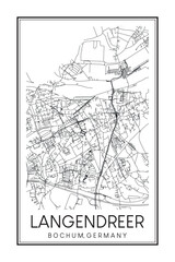 Hand drawn printable downtown road map poster of borough LANGENDREER of the German city of BOCHUM on solid white background with city name
