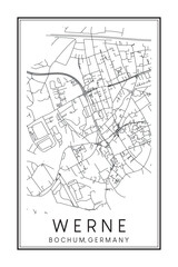 Hand drawn printable downtown road map poster of borough WERNE of the German city of BOCHUM on solid white background with city name