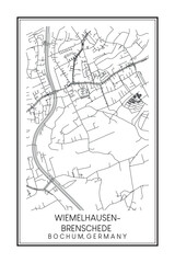 Hand drawn printable downtown road map poster of borough WIEMELHAUSEN-BRENSCHEDE of the German city of BOCHUM on solid white background with city name