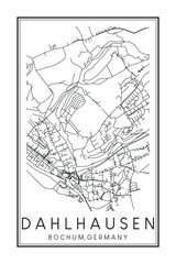 Obraz premium Hand drawn printable downtown road map poster of borough DAHLHAUSEN of the German city of BOCHUM on solid white background with city name