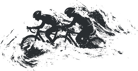 Silhouette illustration of two cyclists racing on road bikes with dynamic motion effect