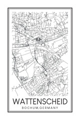 Hand drawn printable downtown road map poster of borough WATTENSCHEID of the German city of BOCHUM on solid white background with city name