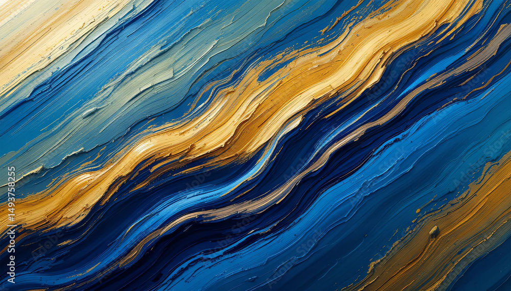 Poster textured waves in shades of blue and gold create an abstract composition that captures movement and 