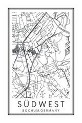 Hand drawn printable downtown road map poster of borough SÜDWEST of the German city of BOCHUM on solid white background with city name