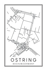 Hand drawn printable downtown road map poster of borough OSTRING of the German city of BOCHUM on solid white background with city name