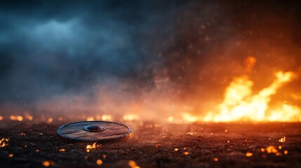 Charred Viking shield rests on burnt ground, surrounded by glowing embers and thick smoke rising into a stormy sky, evoking an ancient battle atmosphere